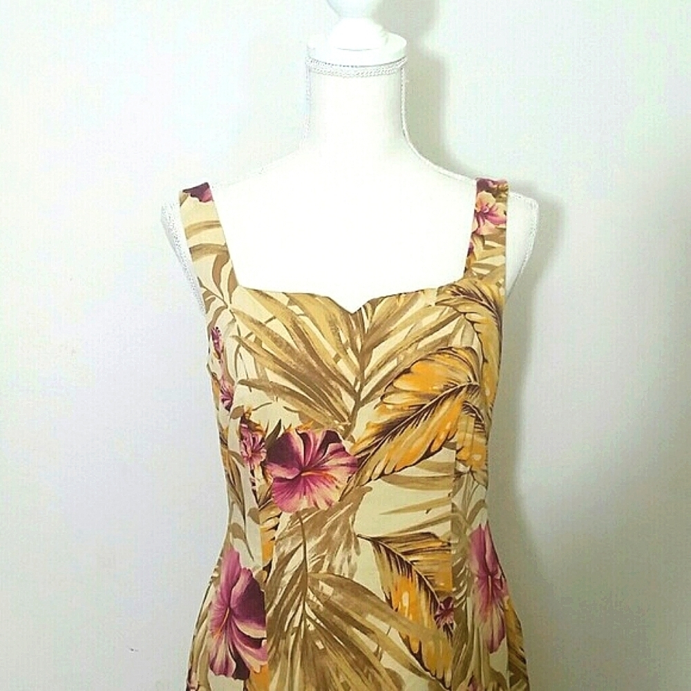 Sundress Palm Leaf Print Floral Midi Lined beige yellow pink red halter top - Picture 4 of 5